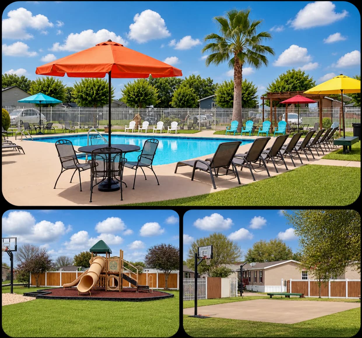Community pool with lounge chairs and umbrellas, the playground, and the basketball court at Briarwood Estates