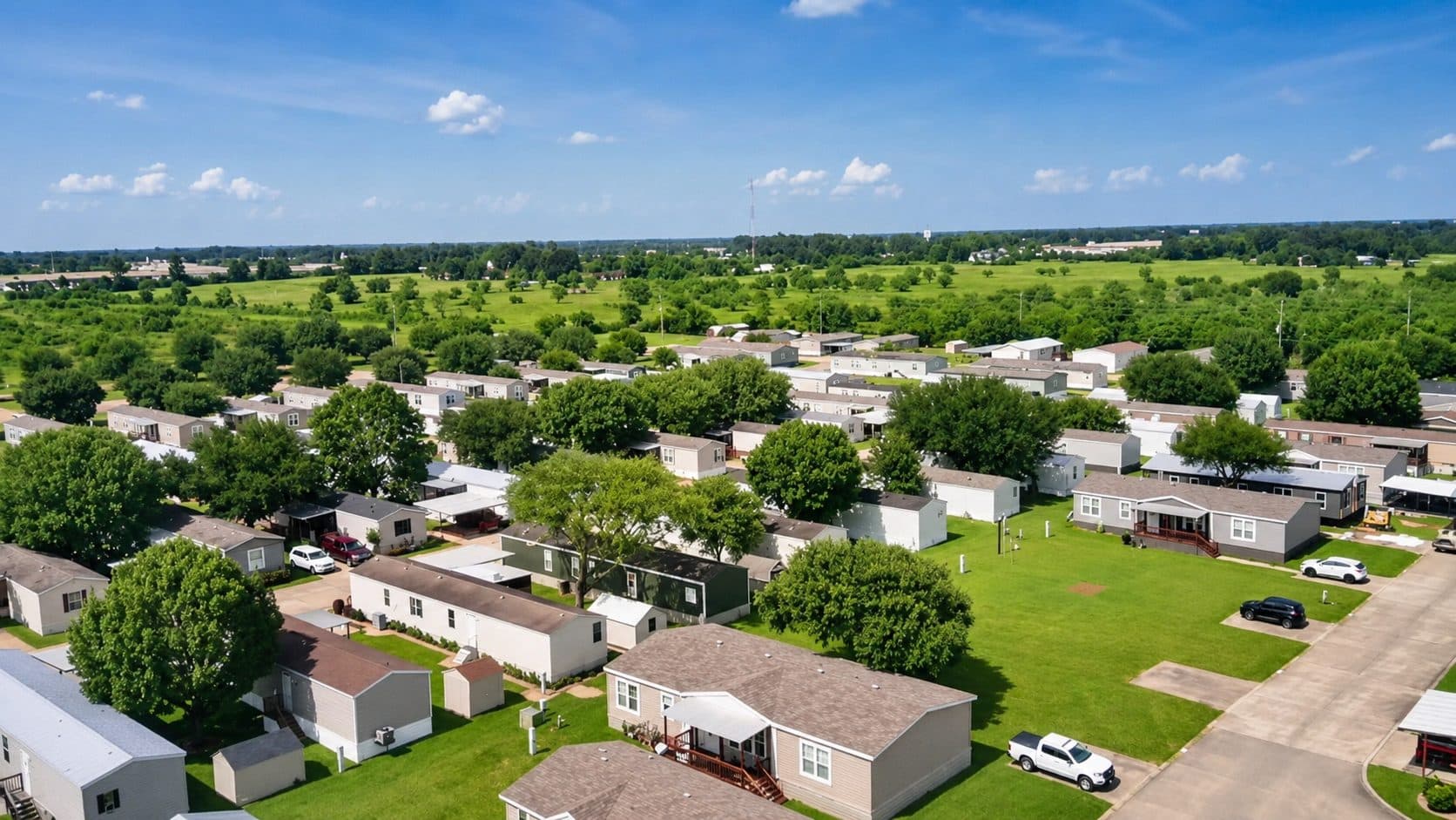 Aerial view of Briarwood Estates homes and mature trees, with open countryside beyond