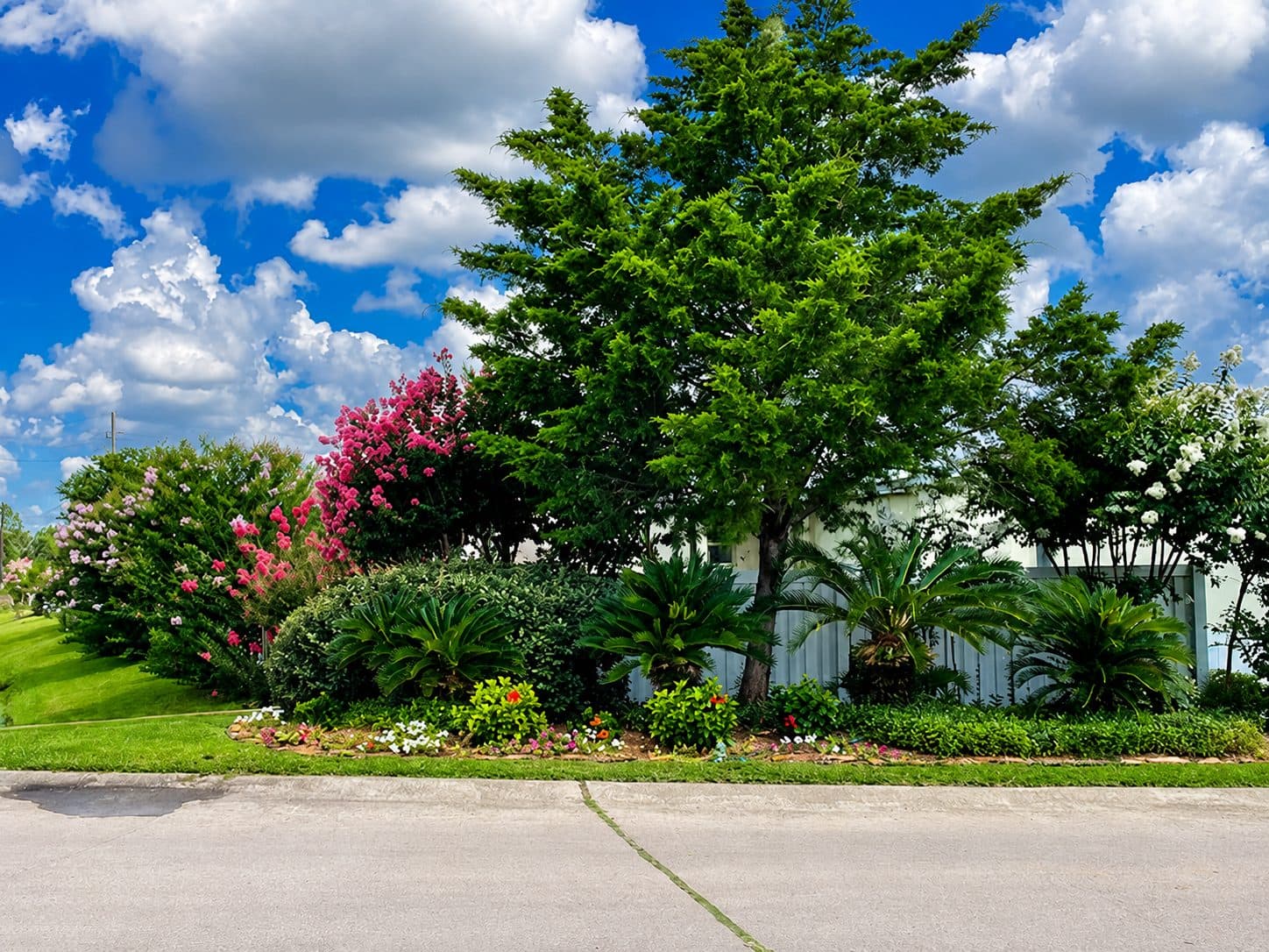Mature trees and flowering shrubs along a Briarwood Estates street under a blue sky